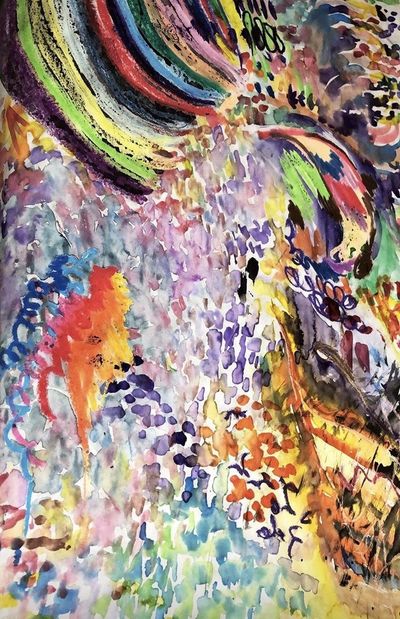 A dense abstract watercolor with a rainbow arc in the upper corner, a red-orange splash, and scattered dabs of violet, orange, and blue.
