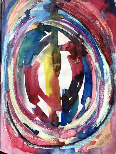 An abstract painting of concentric oval rings in red, magenta, blue, and teal surrounding a pale center with streaks of yellow and deep red.
