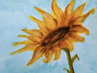 A watercolor painting of a single golden sunflower with a dark brown center, set against a pale blue sky.